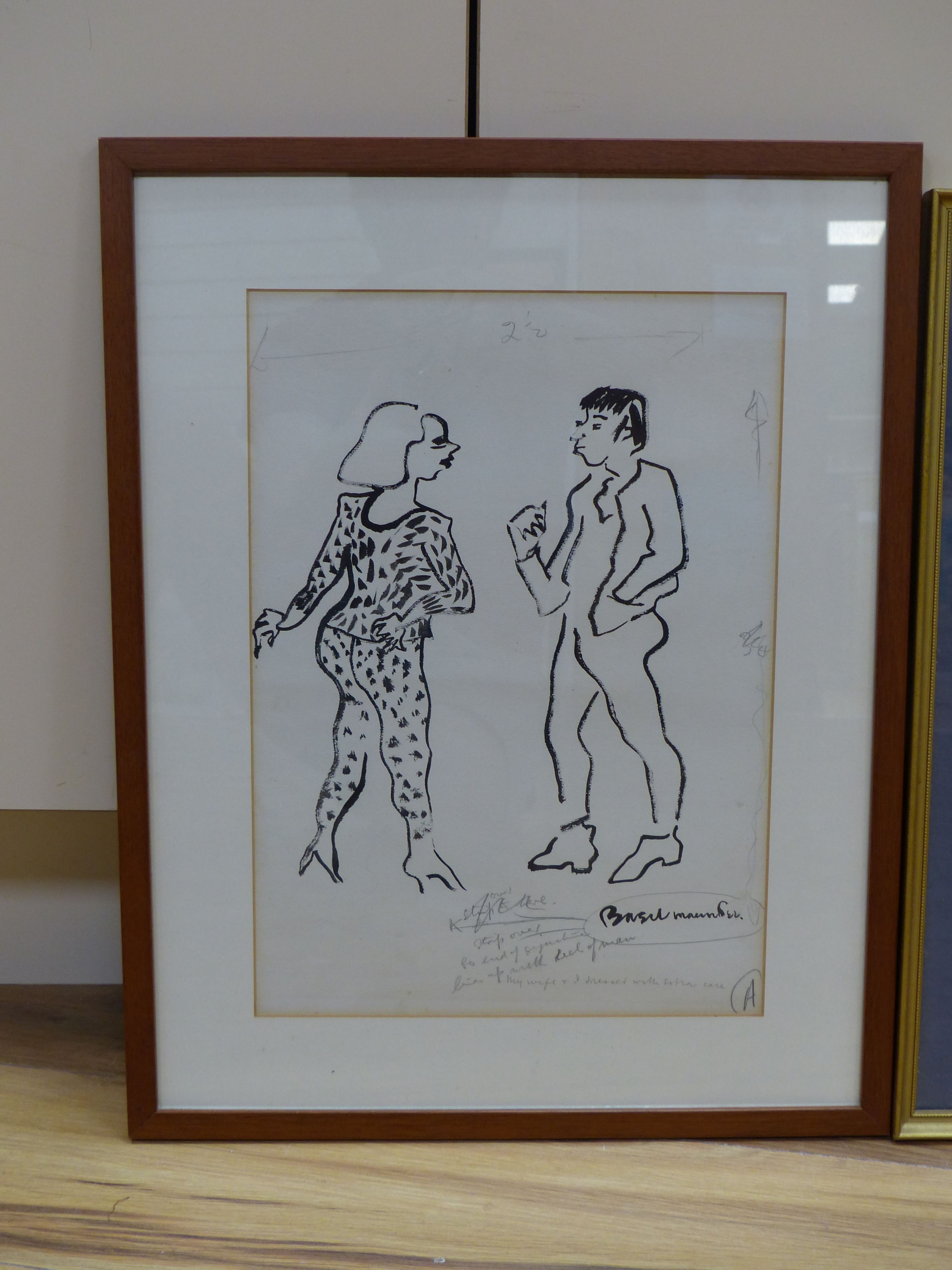 Basil Maunder, watercolour cartoon 'My Wife and I dressed with extra care', signed, 34 x 25cm and a reprint of an Ernest Shepherd drawing